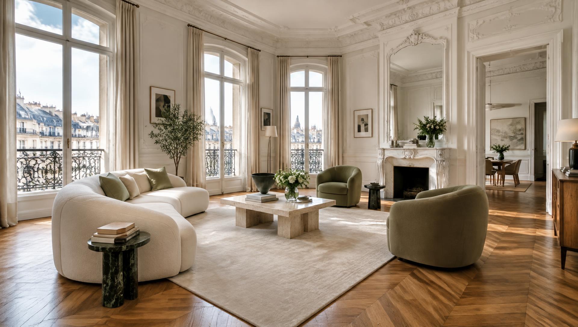 Salon haussmannien avec parquet en point de Hongrie et vue sur Paris